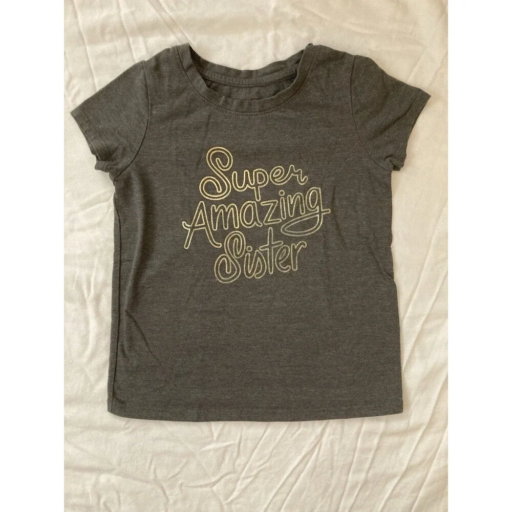 5T Cat & Jack girls clothes - 1 piece T shirt | solid grey, text & sister theme